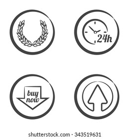 Set of 4 icons in circle isolated on white background: laurel wreath, clock with 24h text, arrow with buy now text and arrow pointing up.
