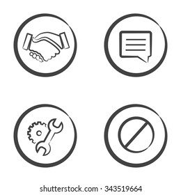 Set of 4 icons in circle isolated on white background: handshake, message bubble, cogwheel and wrench and crossed circle.