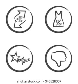 Set of 4 icons in circle isolated on white background: arrows with euro currency symbol, dress with percent symbol, star with best choice text and hand with thumb down.