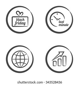 Set of 4 icons in circle isolated on white background: gift box with lack friday text and tied bow, clock with last minute text, globe and graph with arrow.