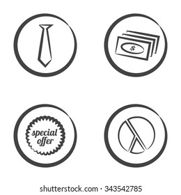 Set of 4 icons in circle isolated on white background: tie, money notes, special offer text and pie chart.