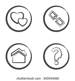 Set of 4 icons in circle isolated on white background: two heart, chain links, house and head with question mark.
