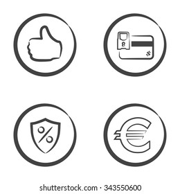 Set of 4 icons in circle isolated on white background: hand with thumb up, credit card with locker, shield with percentage symbol and euro currency symbol.