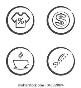 Set of 4 icons in circle isolated on white background: shirt with percentage symbol, dollar currency symbol, hot drink in cup and scissors and dashed line.