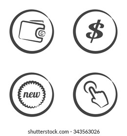 Set of 4 icons in circle isolated on white background: wallet, dollar currency symbol, net text and hand pointer with button.