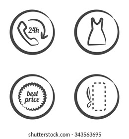 Set of 4 icons in circle isolated on white background: handset with 24 text and arrow, dress, best price text and scissors with dashed line.