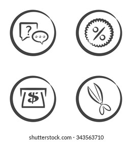 Set of 4 icons in circle isolated on white background: message bubbles, percentage symbol, dollar note and scissors.