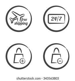Set of 4 icons in circle isolated on white background: plane with free shipping text, 24/7 text on board, shopping bags with plus and minus symbols.