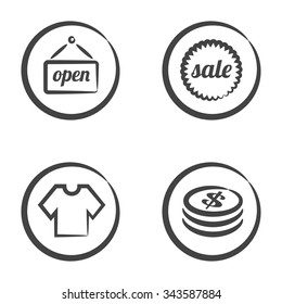 Set of 4 icons in circle isolated on white background: label with open text, sale text, shirt and stack of coins.