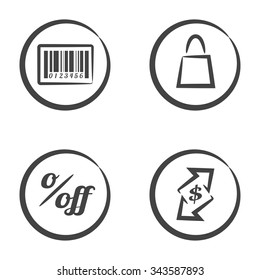 Set of 4 icons in circle isolated on white background: barcode, shopping bag, percentage symbol and off text, arrows with dollar symbol.