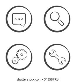 Set of 4 icons in circle isolated on white background: speech bubble, magnifier, two cogwheels and wrench.