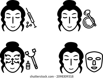 A set of 4 icons for cosmetology services: massage, injections, makeup and moisturizing. Made for a beauty salon, cosmetology cabin and clinic.