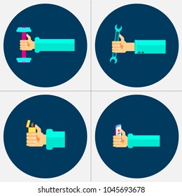 Set of 4 icons of hand in action drawn with cigarette lighter, wrench, smartphone and dumbbell