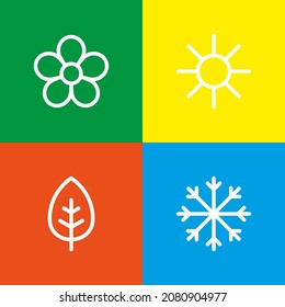 Set of 4 icons related to spring, summer, fall and winter .  Flower, sun, leaf and snowflake icon.