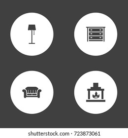 Set Of 4 Set Icons Set.Collection Of Couch, Illuminator, Commode And Other Elements.