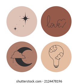 A set of 4 icons for stories, social media. Minimalist round stickers in boho style. Illustrations in terracotta shades. Pastel backgrounds with thin lines, nature. The concept of eco-friendly life.