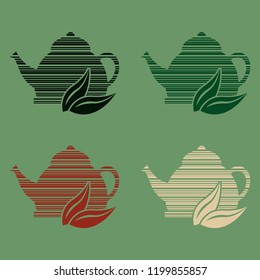 Set of 4 icons of stylized teapots with different teas black, white, green and red.