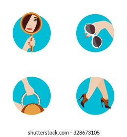 Set of 4 icons of women's accessories in a flat style mirrors, shoes, handbag and sunglasses