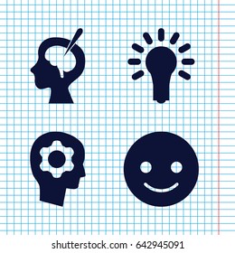 Set of 4 idea filled icons such as smiling emot, brain surgery, light bulb