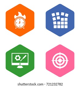 Set Of 4 Idea Icons Set.Collection Of Time In Fire, Startup Building, Repair Service And Other Elements.