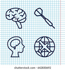 Set of 4 idea outline icons such as plane, brain, human brain