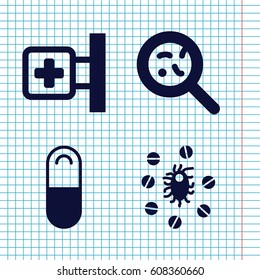 Set of 4 illness filled icons such as medical cross, bacteria, pill