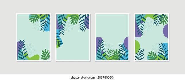 Conjunto 4 ilustraciones colección de vectores de artes murales abstractas botánicas. Planta natural Diseño artístico para impresión, cubierta, papel pintado. Impresión de 10 EPS vectores.