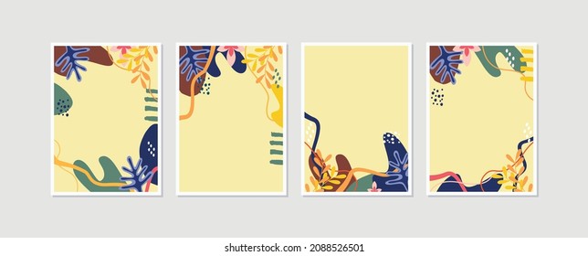 Conjunto 4 ilustraciones colección de vectores de artes murales abstractas botánicas. Planta natural Diseño artístico para impresión, cubierta, papel pintado. Impresión de 10 EPS vectores.