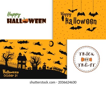 Set of 4 illustration. Halloween - October 31. Hand-drawn doodle illustration. A traditional holiday, the eve of All Saints ' Day, All Hallows' Eve. Trick or treat. Happy Halloween 2021!