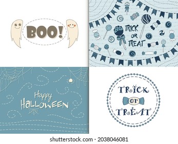 Set of 4 illustration. Halloween - October 31. Hand-drawn doodle illustration. A traditional holiday, the eve of All Saints ' Day, All Hallows' Eve. Trick or treat. Happy Halloween 2021!