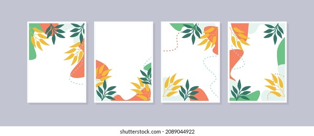 Establecer 4 ilustraciones de arte mural. Fondo abstracto con formas mínimas y elementos de línea botánica