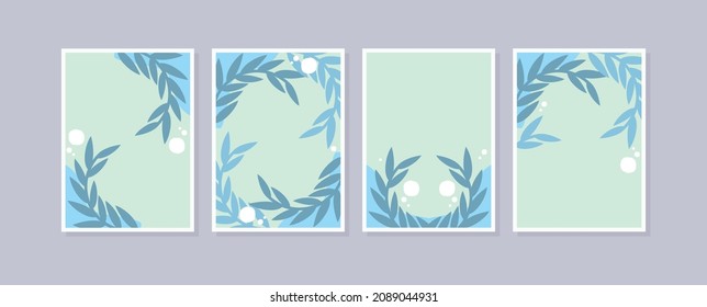 Set 4 illustration wall art. Abstract backgrounds with minimal shapes and botanical line art elements