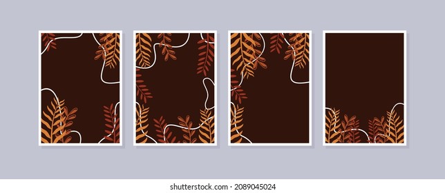 Establecer 4 ilustraciones de arte mural. Fondo abstracto con formas mínimas y elementos de línea botánica
