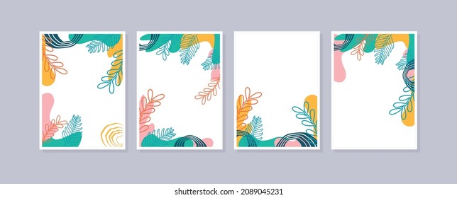 Set 4 illustration wall art. Abstract backgrounds with minimal shapes and botanical line art elements