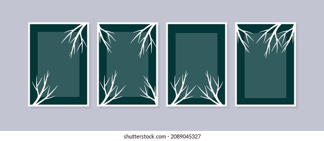 Set 4 illustration wall art. Abstract backgrounds with minimal shapes and botanical line art elements