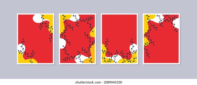 Set 4 illustration wall art. Abstract backgrounds with minimal shapes and botanical line art elements