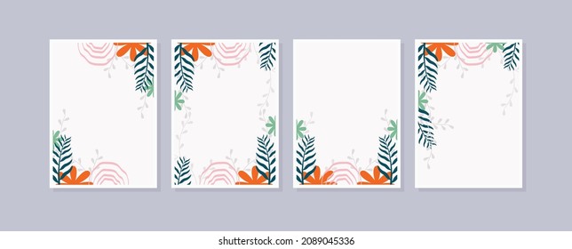 Set 4 illustration wall art. Abstract backgrounds with minimal shapes and botanical line art elements