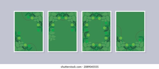 Establecer 4 ilustraciones de arte mural. Fondo abstracto con formas mínimas y elementos de línea botánica