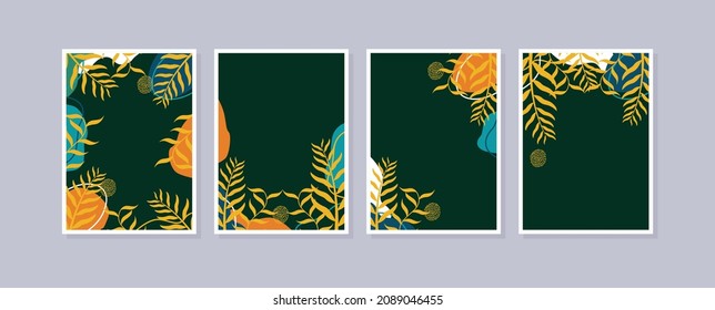 Set 4 illustration wall art. Abstract backgrounds with minimal shapes and botanical line art elements