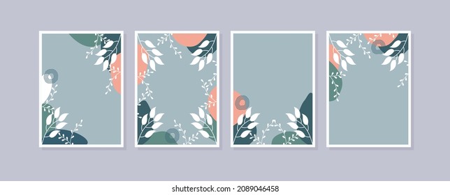 Set 4 illustration wall art. Abstract backgrounds with minimal shapes and botanical line art elements
