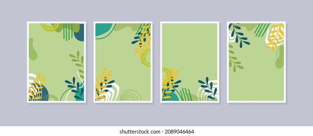 Set 4 Illustrationswandkunst. Abstrakte Hintergründe mit minimalen Formen und botanischen Linien-Kunstelementen