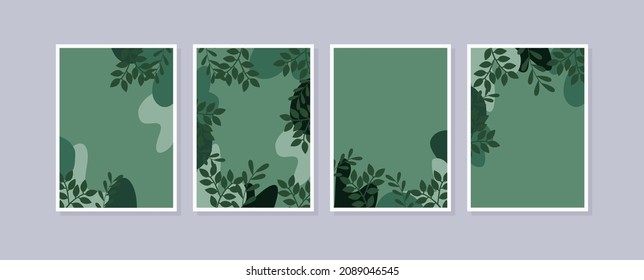 Set 4 illustration wall art. Abstract backgrounds with minimal shapes and botanical line art elements