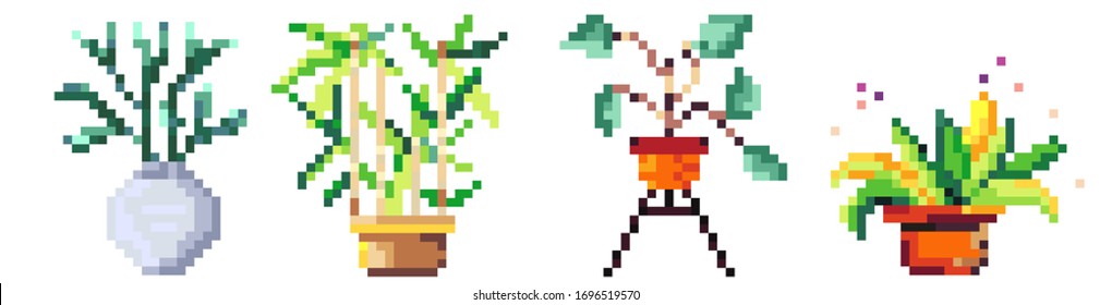 Set of 4 illustrations, abstract plants, pixel art illustration