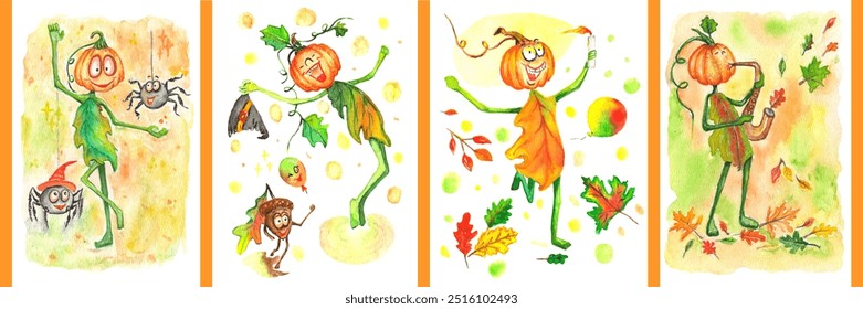 Conjunto de 4 ilustraciones. Calabazas de otoño. Todos los Elementos están pintados con acuarelas