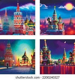 Set of 4 illustrations of the city. Futuristic moscow, fictional city view