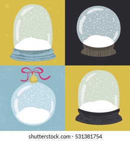 Set of 4 illustrations with cute handdrawn snow globe. Decorative vector clipart element. Empty glass balls with wood base on textured background. Fully editable christmas template in trendy colors
