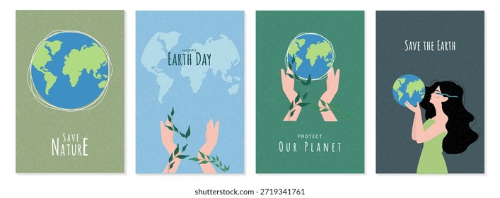 Un conjunto de 4 ilustraciones para el Día de la Tierra: planetas, manos con plantas y mensajes de texto. Diseño de Vectores para promover la ecología, preservar la naturaleza y proteger nuestro planeta.