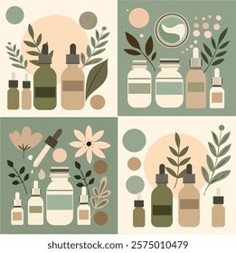 Set of 4 illustrations natural cosmetics serum creams for self-care