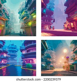 Set and 4 illustrations of the night city. Purple landscape. Lilac futuristic city