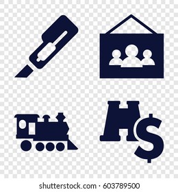 Set of 4 image filled icons such as cutter, locomotive, photo